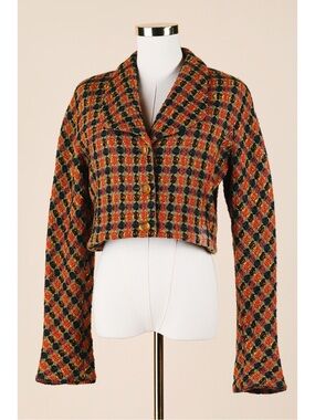 Sz 6 Aura VIrgin Wool Blend Cropped Checkered Print Blazer Suit Jacket GUC